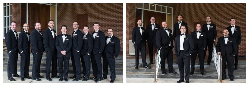 Black tux groomsmen on stairs