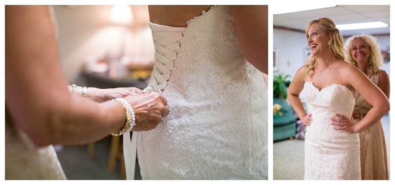Bride getting on Dress