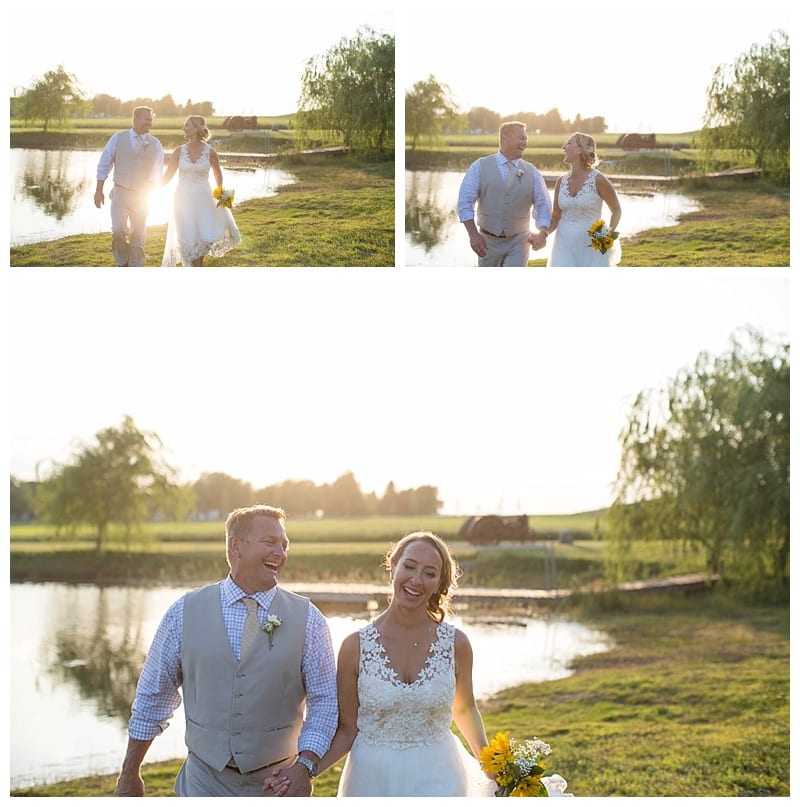 bride and groom walking laughing