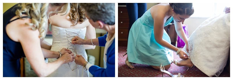 bride getting dress laced